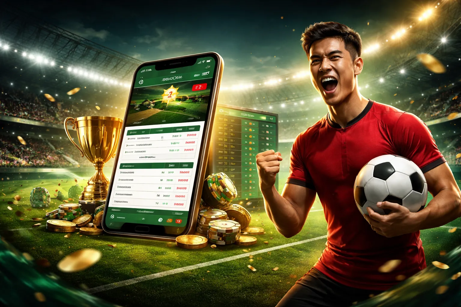 Sân vận động với ánh đèn rực rỡ và biểu tượng cá cược 23win01, thể hiện sự sôi động của cá cược thể thao trực tuyến